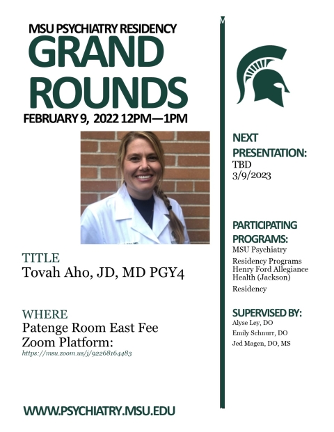 Grand Rounds Flyer, Tovah Aho, JD, MD